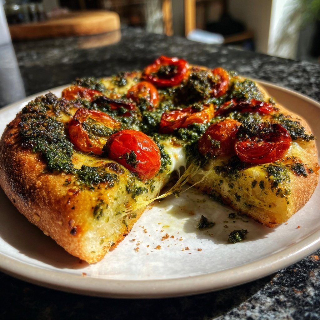 Pizza mit Pesto und Kirschtomaten